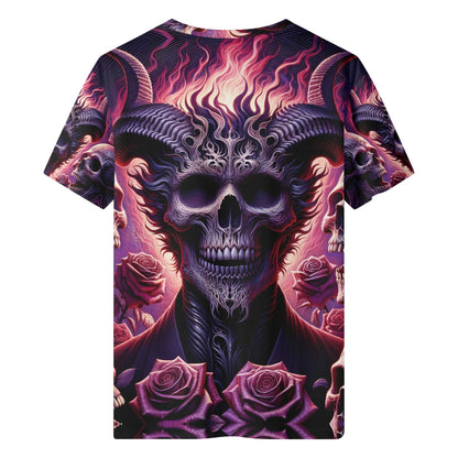 Harbinger Of Surreal Defiance 100 Cotton T-Shirt with dark skull and horns design surrounded by roses