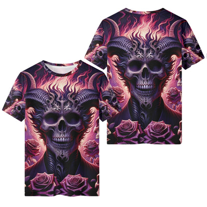 Harbinger Of Surreal Defiance 100 Cotton T-Shirt featuring dark skull with flaming horns and roses design
