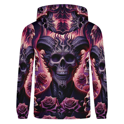 Harbinger of Surreal Defiance Poly French Terry hoodie with dark skull and rose design in purple and black