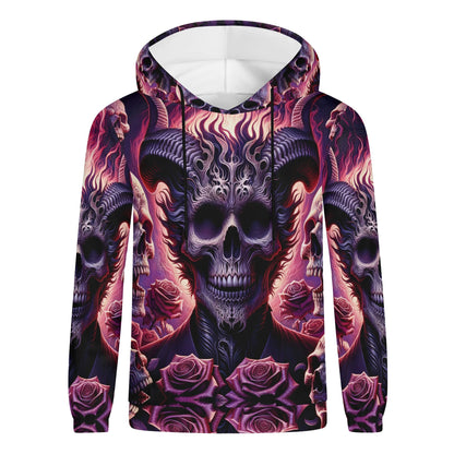 Harbinger of Surreal Defiance Poly French Terry hoodie with dark skull and floral graphic design