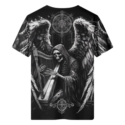Harp of Shadows 100 Cottton T-Shirt featuring dark angel skeleton playing harp with detailed wings design