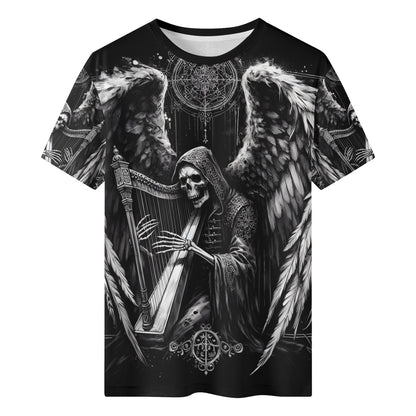 Loud and Lethal Harp of Shadows 100 Cottton T-Shirt featuring a dark skeletal angel playing a harp with detailed wings