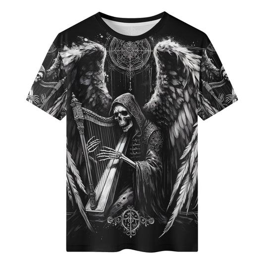Loud and Lethal Harp of Shadows 100 Cottton T-Shirt featuring a dark skeletal angel playing a harp with detailed wings