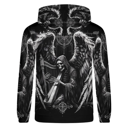Harp of Shadows gothic cotton terry hoodie featuring a dark winged skeleton playing a harp design
