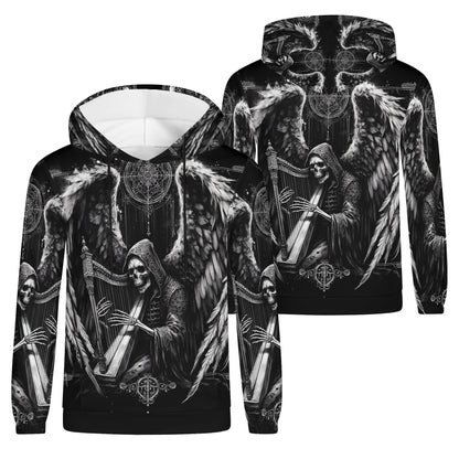 Harp of Shadows gothic cotton terry hoodie by Loud and Lethal featuring a grim reaper with wings playing a harp