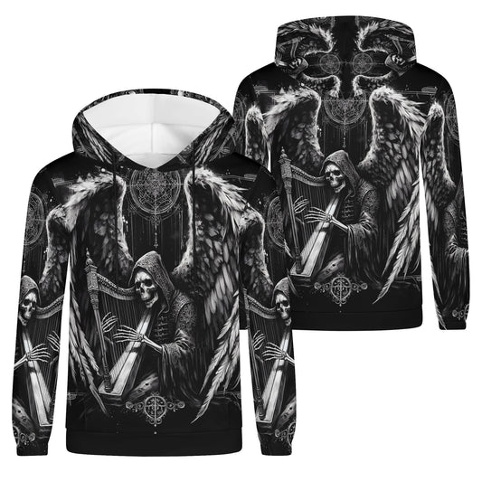 Harp of Shadows gothic cotton terry hoodie by Loud and Lethal featuring a grim reaper with wings playing a harp