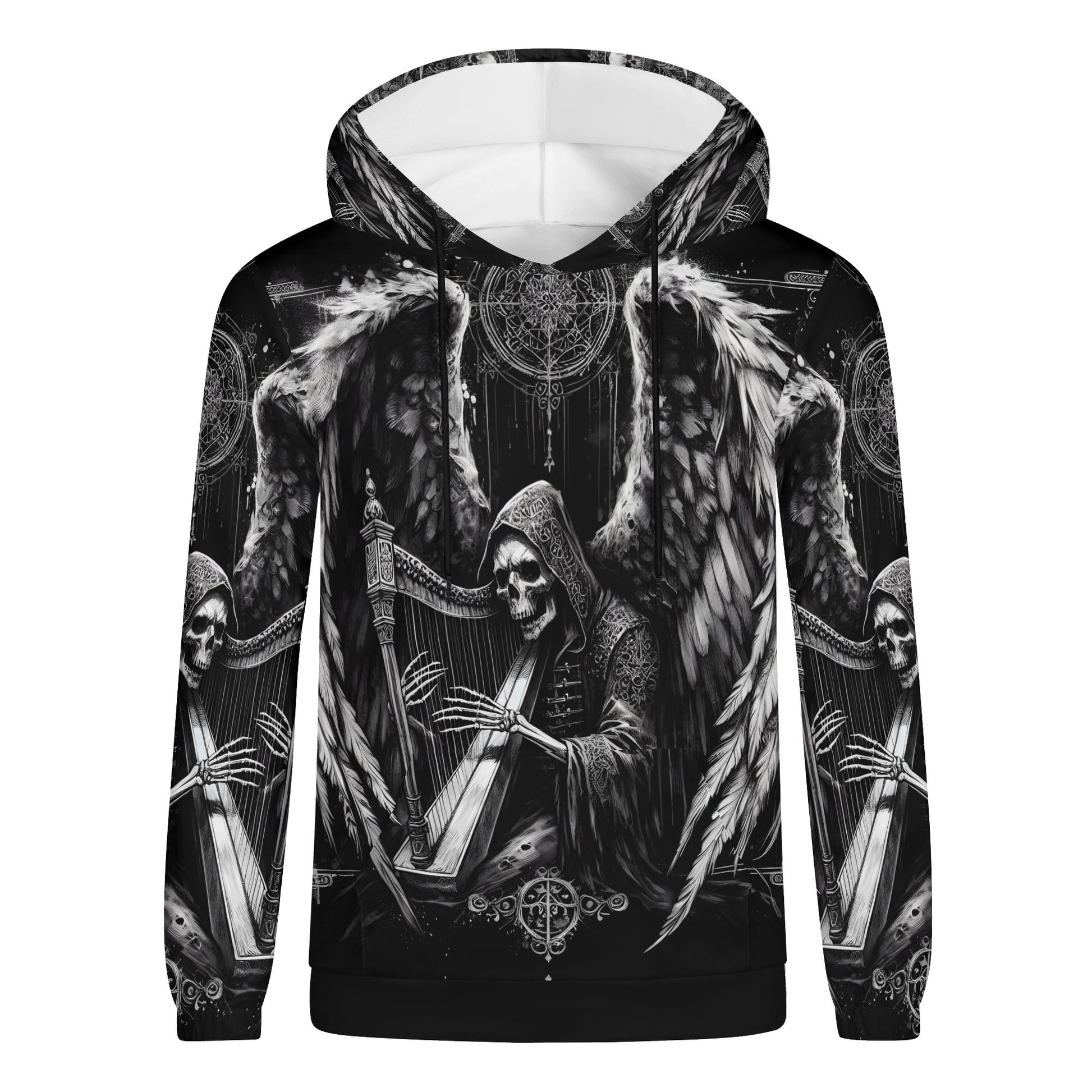 Harp of Shadows gothic cotton terry hoodie with black and white angel skeleton playing harp design