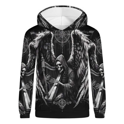 Harp of Shadows gothic cotton terry hoodie with black and white angel skeleton playing harp design
