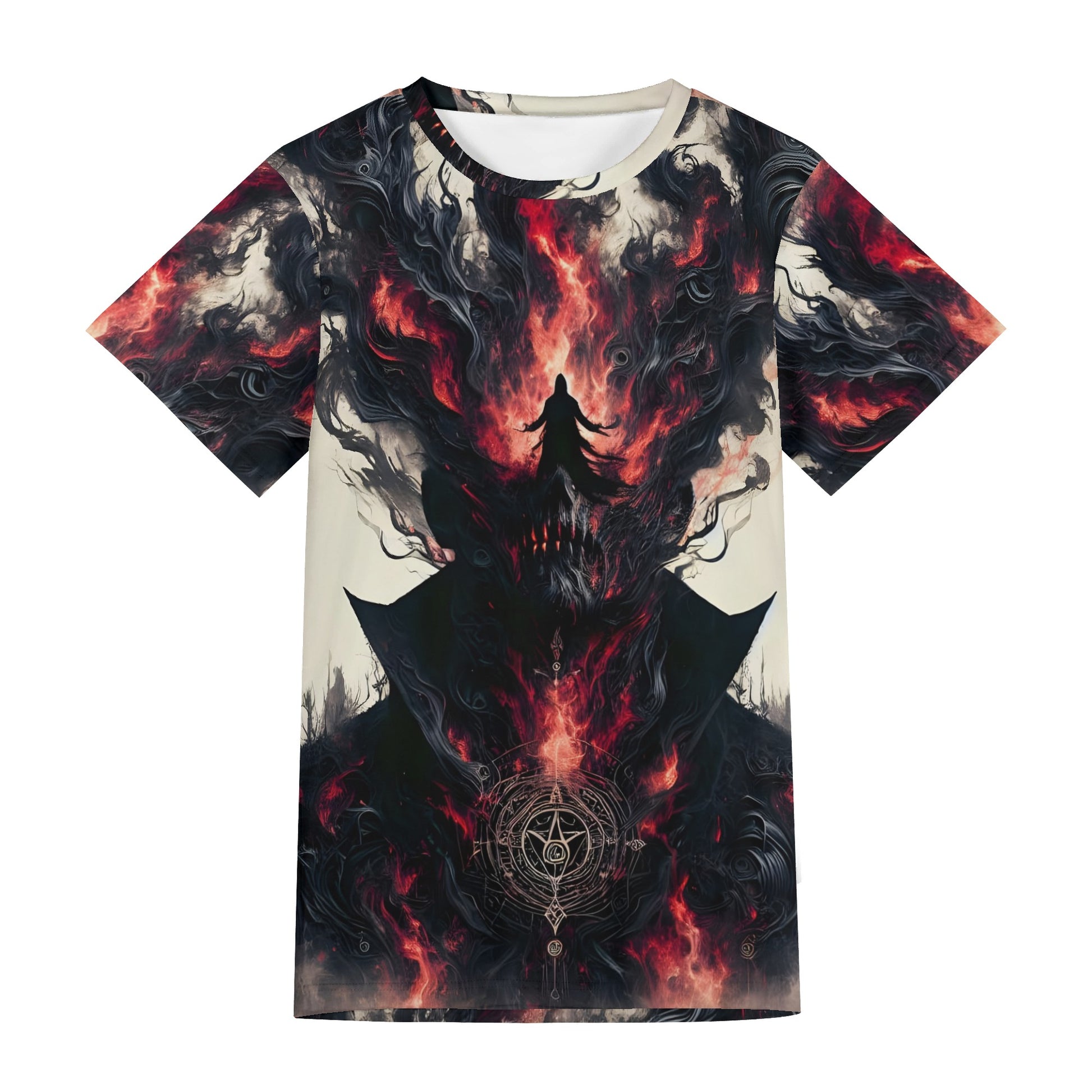 Loud and Lethal Heretics Embrace Lycra T-Shirt featuring dark fiery abstract design on unisex fit