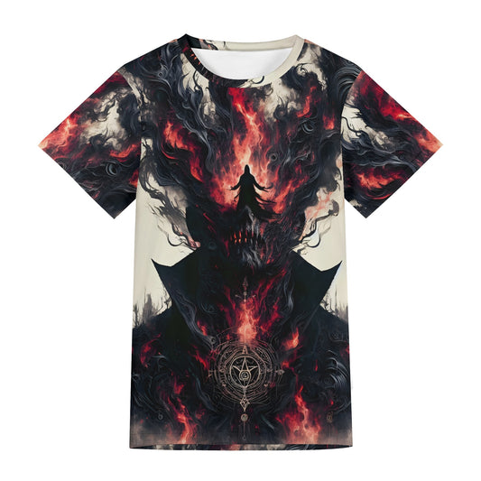 Loud and Lethal Heretics Embrace Lycra T-Shirt featuring dark fiery abstract design on unisex fit