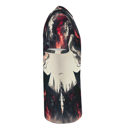 Side view of Loud and Lethal Heretics Embrace Lycra T-Shirt with dark fiery abstract design on unisex fit