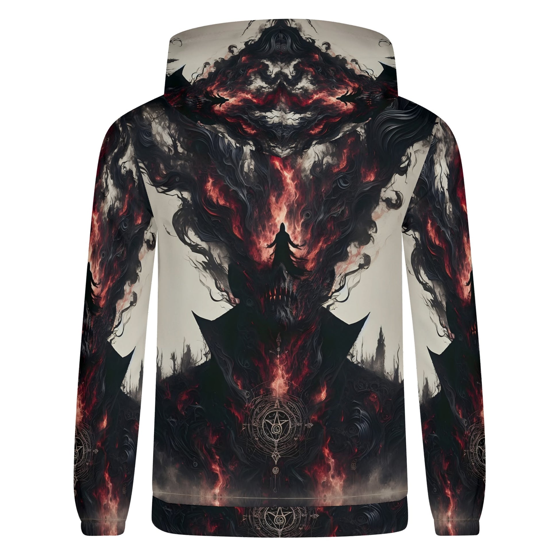 Back view of Loud and Lethal Heretics Embrace Poly French Terry hoodie with dark fiery graphic design