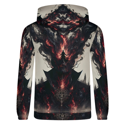Back view of Loud and Lethal Heretics Embrace Poly French Terry hoodie with dark fiery graphic design
