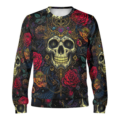 Loud and Lethal Infernal Bloom Poly French Terry Sweatshirt unisex skull and rose allover print