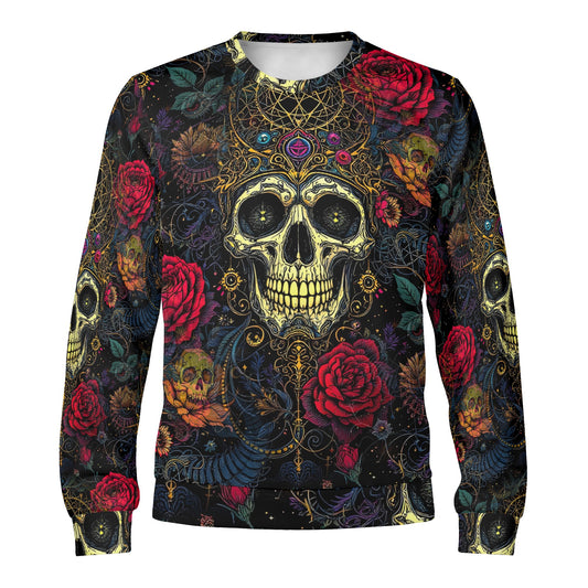 Loud and Lethal Infernal Bloom Poly French Terry Sweatshirt unisex skull and rose allover print