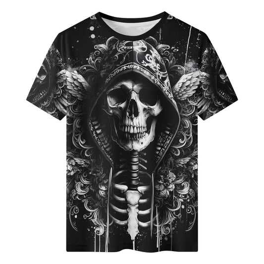 Loud and Lethal Hooded Fury 100 Cotton T-Shirt featuring black and white skull and skeleton design