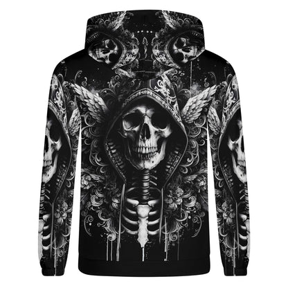 Hooded Fury Cotton Terry hoodie by Loud and Lethal featuring black skeleton graphic with wings on back
