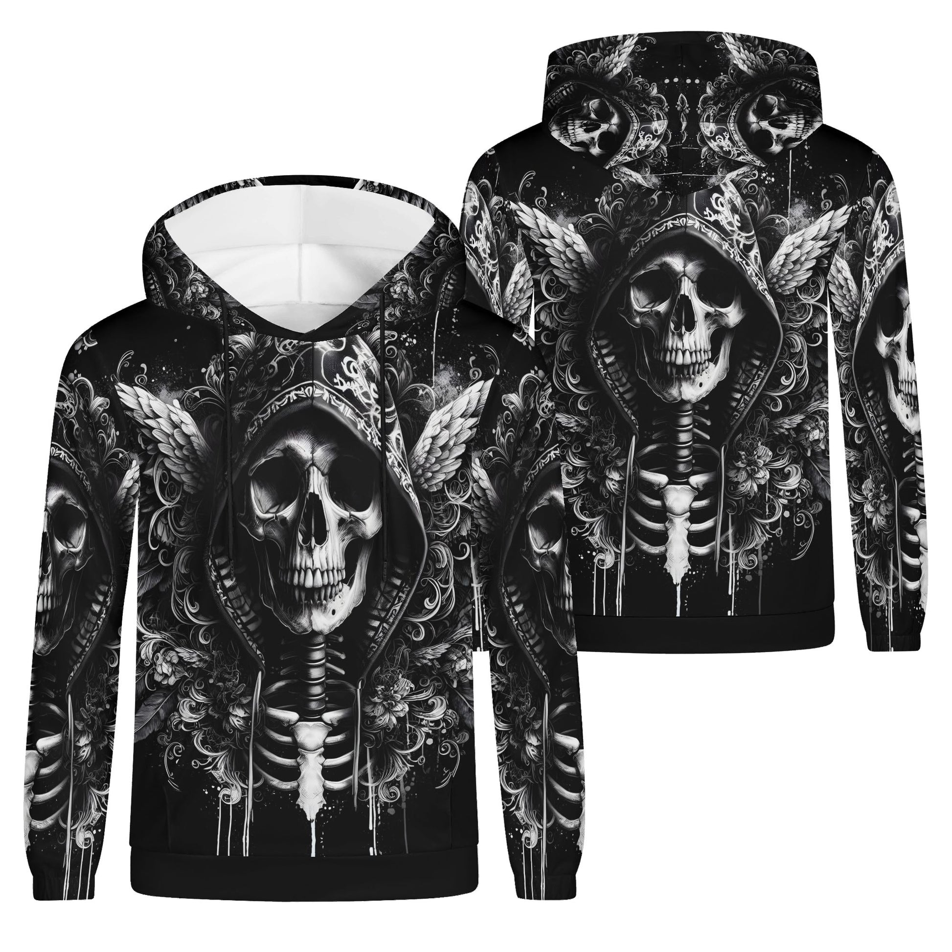 Loud and Lethal Hooded Fury Cotton Terry hoodie with black skull skeleton design on front and back