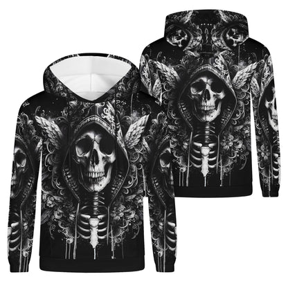 Loud and Lethal Hooded Fury Cotton Terry hoodie with black skull skeleton design on front and back