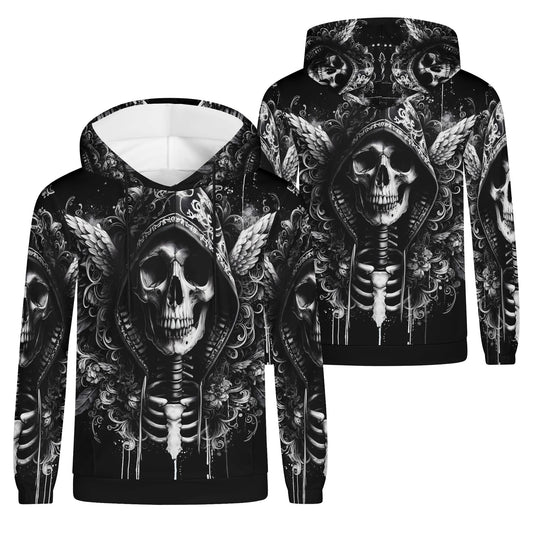 Loud and Lethal Hooded Fury Cotton Terry hoodie with black skull skeleton design on front and back