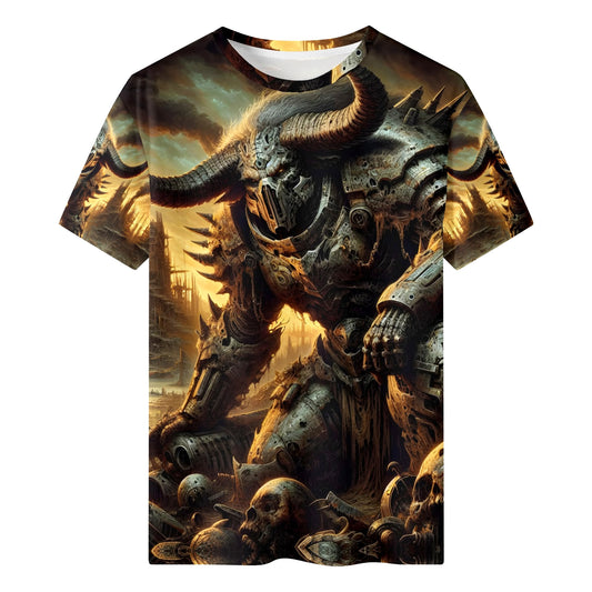 Loud and Lethal Horns of the Apocalypse 100% Cotton T-Shirt featuring dark armored horned warrior design
