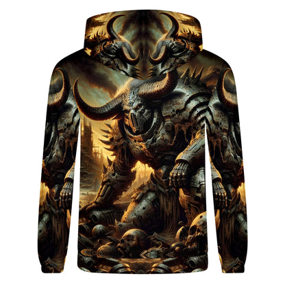 Horns of the Apocalypse Cotton Terry hoodie featuring a dark armored horned warrior with skulls in a post-apocalyptic scene