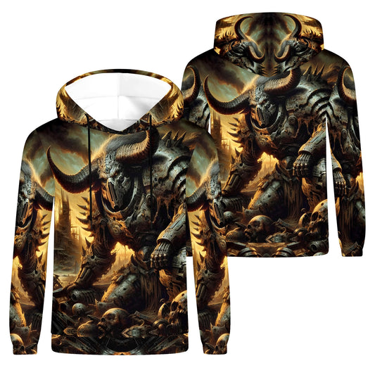 Horns of the Apocalypse Cotton Terry hoodie by Loud and Lethal featuring a dark armored horned warrior design