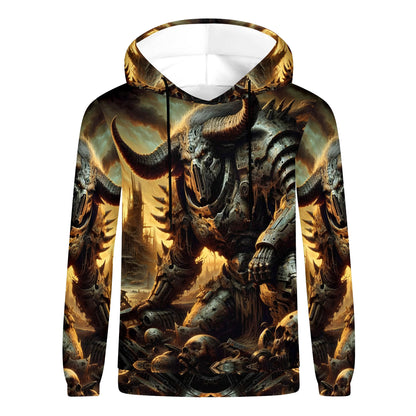 Horns of the Apocalypse Cotton Terry hoodie by Loud and Lethal featuring a detailed armored demon with horns in a dark fiery background