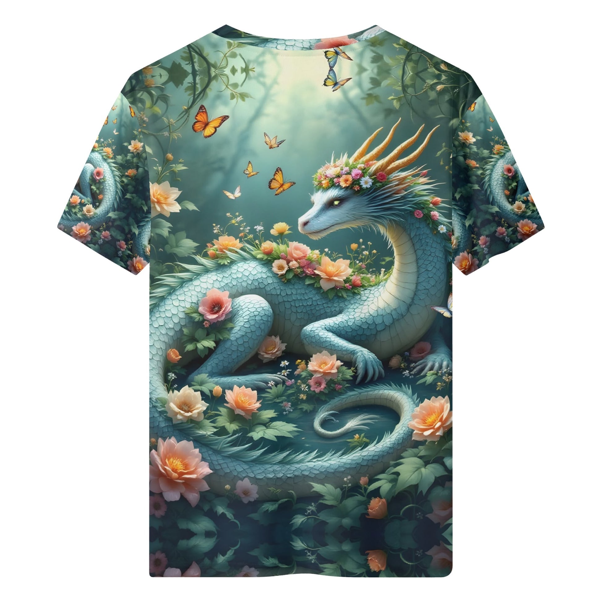 In The Shade of Magic Organic Cotton Kids T-Shirt featuring a dragon with flowers and butterflies in a magical forest design