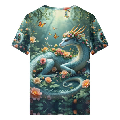 In The Shade of Magic Organic Cotton Kids T-Shirt featuring a dragon with flowers and butterflies in a magical forest design