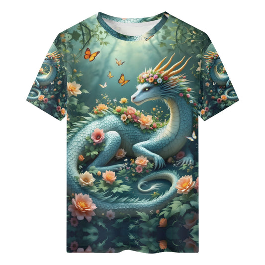 In The Shade of Magic Organic Cotton Kids T-Shirt featuring a fantasy dragon with flowers and butterflies by Loud and Lethal