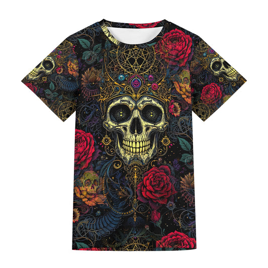 Infernal Bloom Lycra T-Shirt unisex with ornate skull and red rose design by Loud and Lethal
