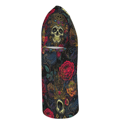 Unisex Infernal Bloom Lycra T-Shirt by Loud and Lethal featuring skull and floral design