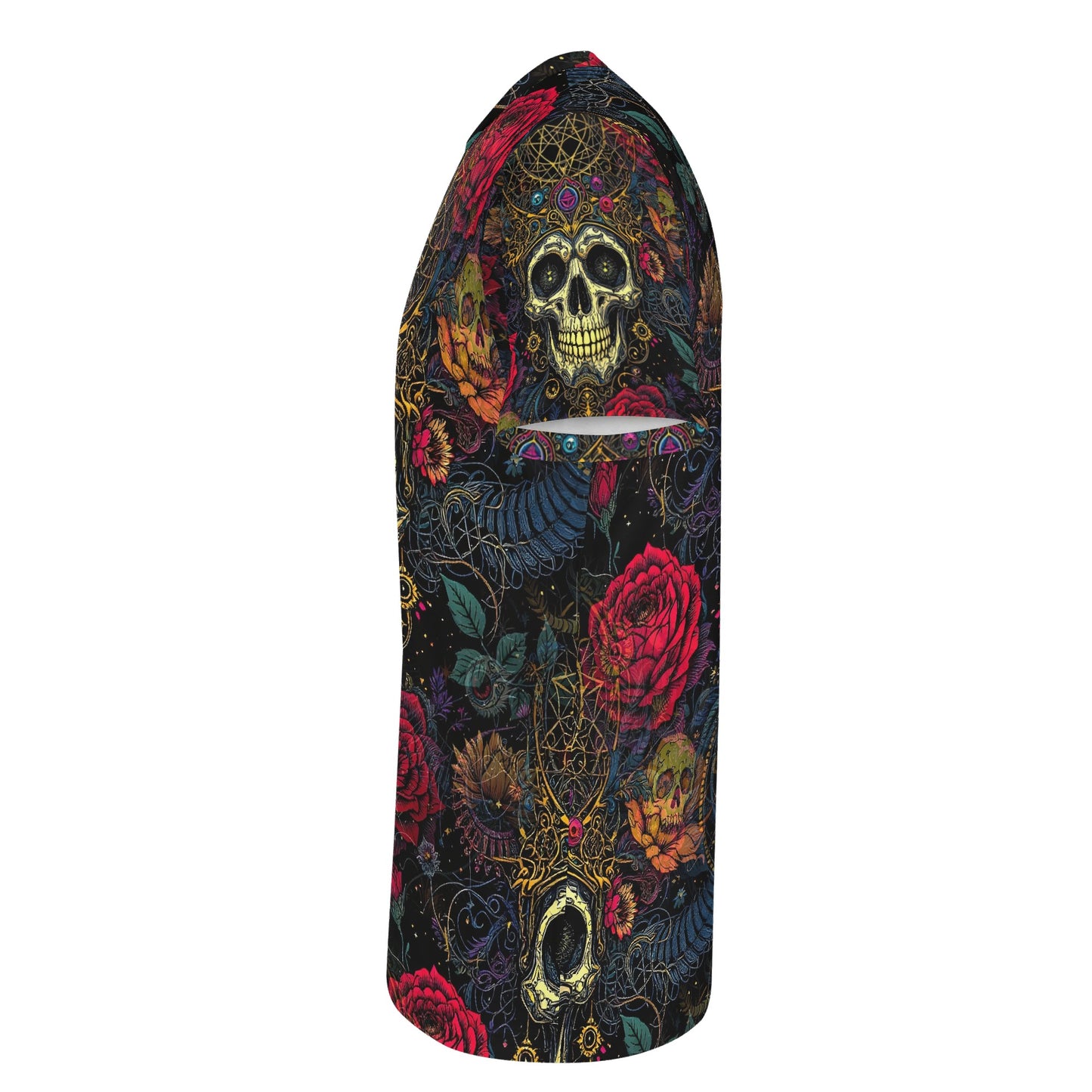 Loud and Lethal Infernal Bloom Lycra T-Shirt unisex with skull and floral pattern on black background