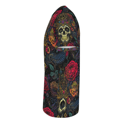 Loud and Lethal Infernal Bloom Lycra T-Shirt unisex with skull and floral pattern on black background