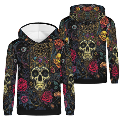 Loud and Lethal Infernal Bloom Poly French Terry hoodie with skull and floral design unisex