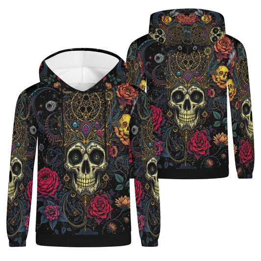 Loud and Lethal Infernal Bloom Poly French Terry hoodie with skull and floral design unisex