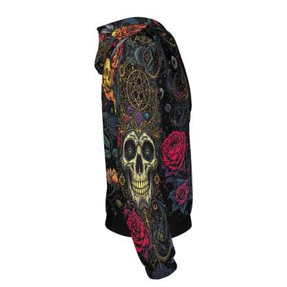 Loud and Lethal Infernal Bloom Poly French Terry hoodie with skull and red rose design