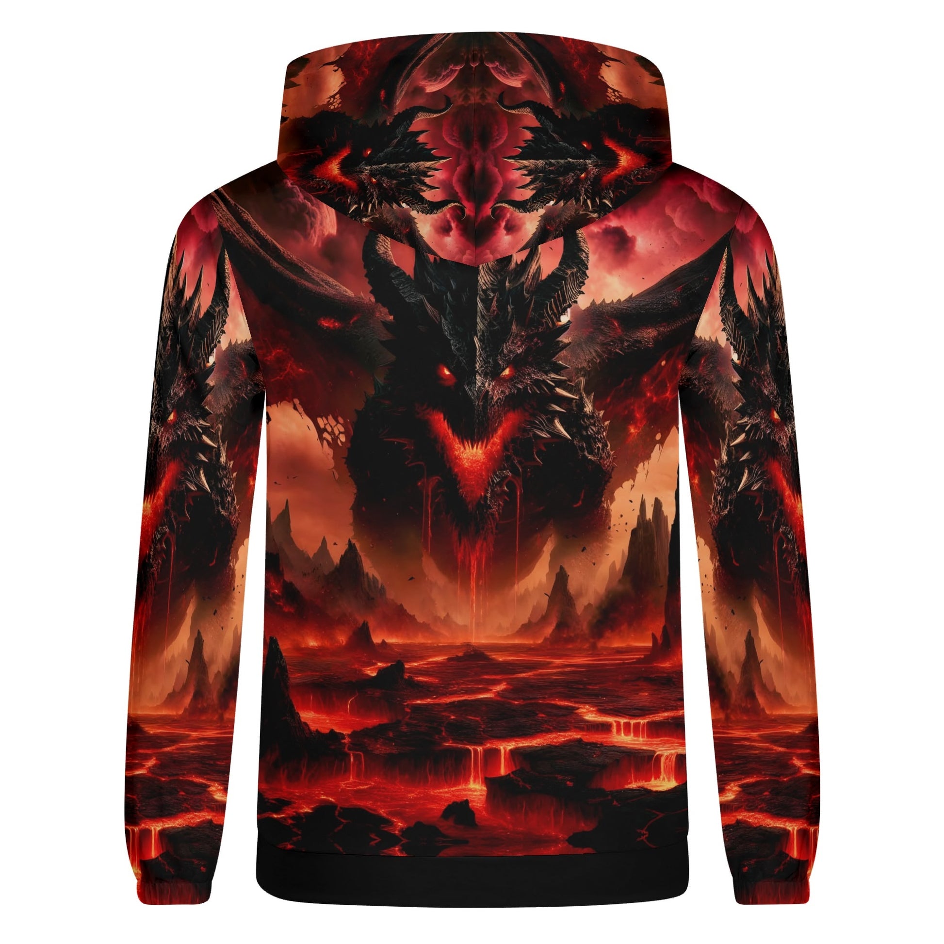 Loud and Lethal Infernal Dominion Poly French Terry hoodie with fiery dragon and lava landscape design