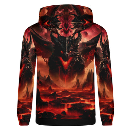 Loud and Lethal Infernal Dominion Poly French Terry hoodie with fiery dragon and lava landscape design