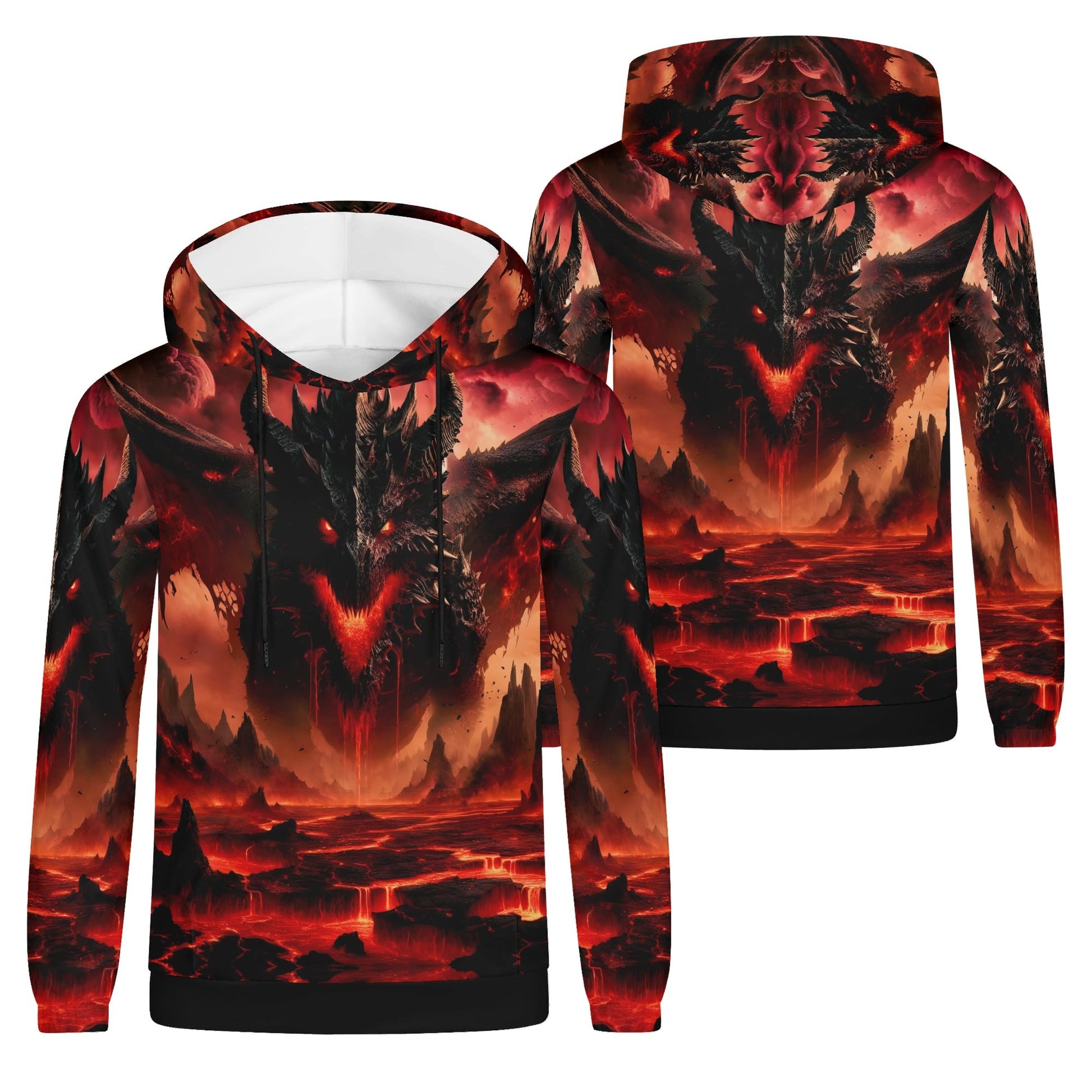 Infernal Dominion Poly French Terry hoodie by Loud and Lethal with fiery demon and lava landscape design