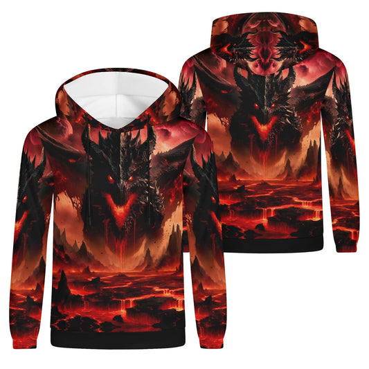 Infernal Dominion Poly French Terry hoodie by Loud and Lethal with fiery demon and lava landscape design