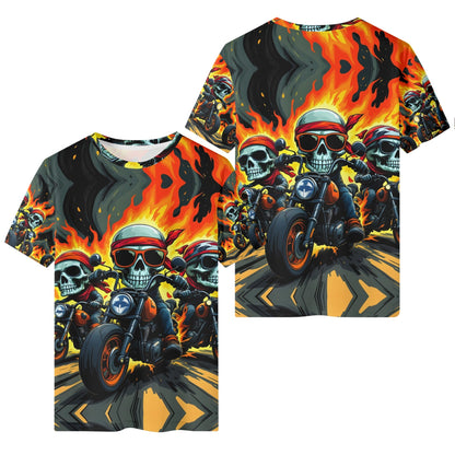 Inferno Roadsters Organic Cotton Kids T-Shirt featuring fiery skull biker graphic by Loud and Lethal