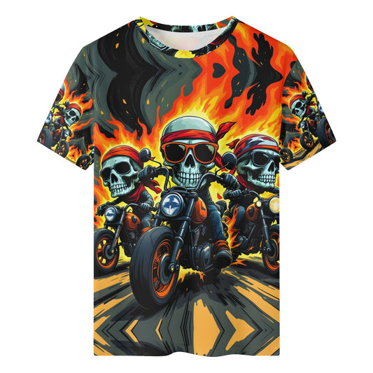 Inferno Roadsters Organic Cotton Kids T-Shirt featuring three skull riders on motorcycles with flames in the background