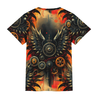 Loud and Lethal Iron and Wings Lycra T-Shirt with mechanical gear and wing design in orange and black