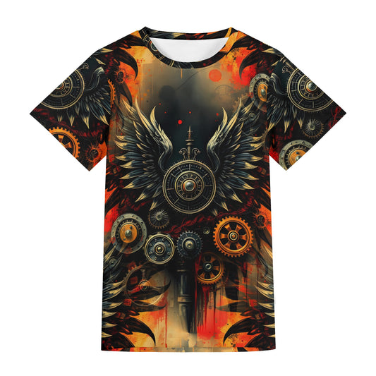 Loud and Lethal Iron and Wings Lycra T-Shirt featuring winged clock and mechanical gears design