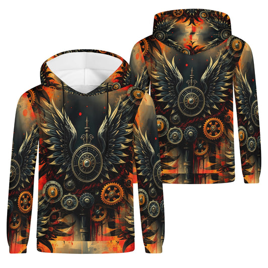 Iron and Wings Poly French Terry hoodie with black and orange steampunk winged gear design unisex