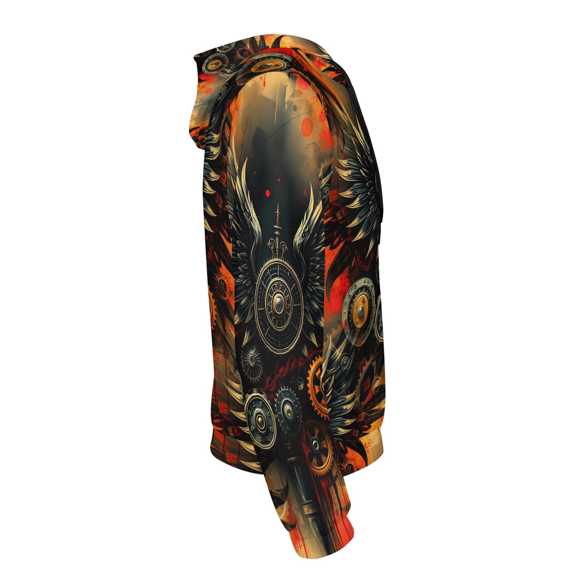Iron and Wings Poly French Terry hoodie by Loud and Lethal with detailed wing and gear design in orange and black