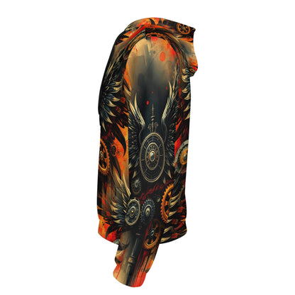 Loud and Lethal Iron and Wings Poly French Terry hoodie with steampunk wing and gear design
