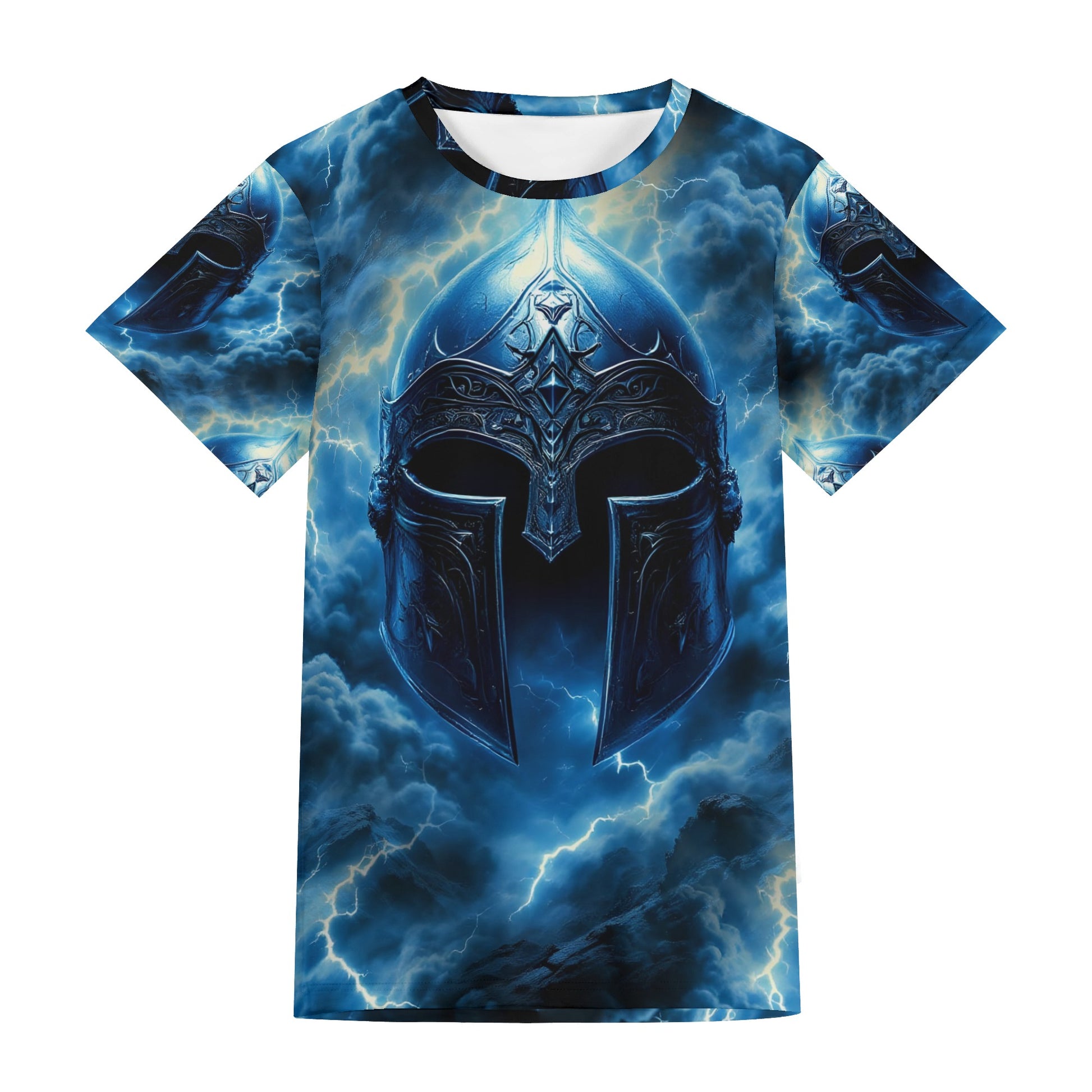 Iron Tempest Lycra T-Shirt by Loud and Lethal featuring a detailed blue Spartan helmet design with lightning background